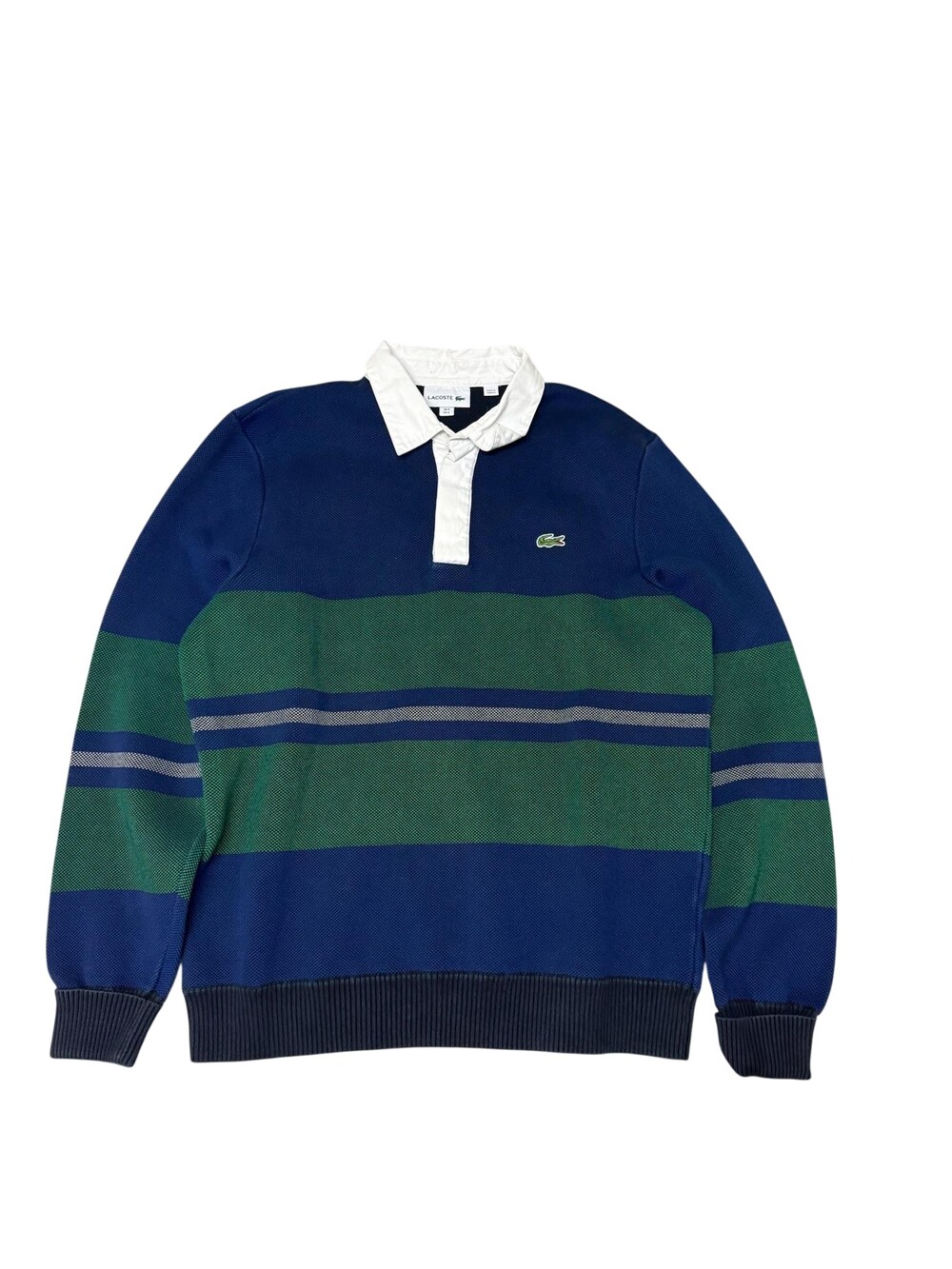 Lacoste Polo Shirt Mens L Blue Green Stripe Long Sleeve Rugby Logo Knit Collar